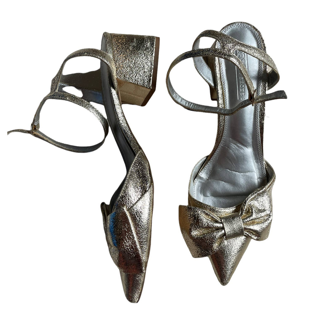 ASOS Silver Gold Metallic Pointed Toe Bow Detail Block Heels Size 7